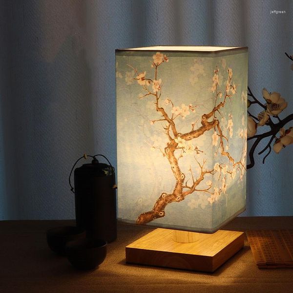 Lampes de table Antique chambre chevet Style chinois bois tissu lampe Magnolia pêche fleur décoration veilleuse avec prise