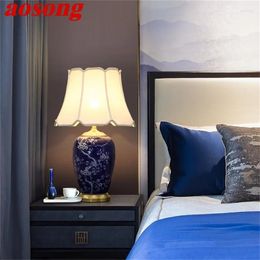 Lampes de table Aosong Blue Ceramic Brass Modern Luxury Tissu Fabric Light Home Decorative for Living Room Dining Chadow