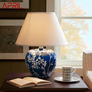 Lampes de table Avril Lampe en céramique bleue moderne Creative Vintage LED Lampe de bureau pour la maison décorative Salon Chambre Chevet