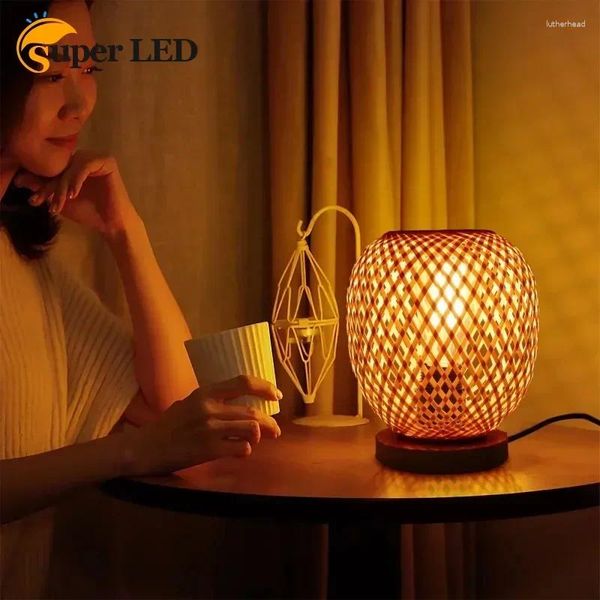 Lámparas de mesa Lámpara de bambú con base de madera Decoración rústica moderna Iluminación de cabecera de escritorio