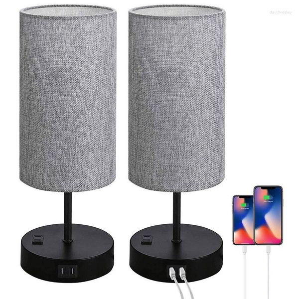 Lampes de table Lampe de chevet de chambre à coucher Noir Port de chargement USB C et prise de courant alternatif Base en bois Abat-jour en tissu de lin rond Salon Bureau LED