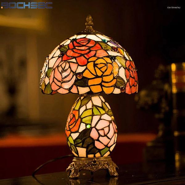 Lampes de table BOCHSBC vitrail Vintage lampe Rose abat-jour lumières pour salon chevet Led décor de noël