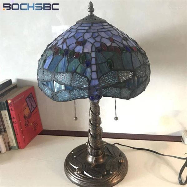 Lampes de table BOCHSBC Tiffany 2022 Style bleu libellule vitrail Table lampe luminaire artisanat Art décor lumières classiques