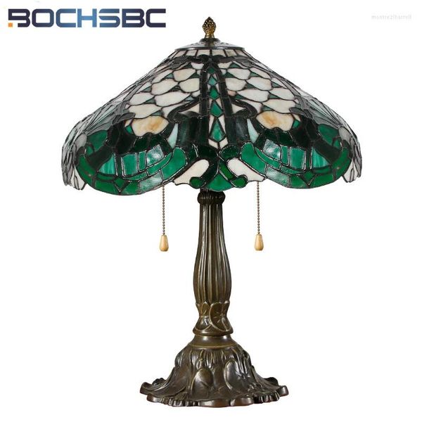 Lampes de table BOCHSBC Lampe de style baroque vert Tiffany en alliage coulé Cadre de lotus Vitrail Décoration d'art Interrupteur de gradation de chevet 16