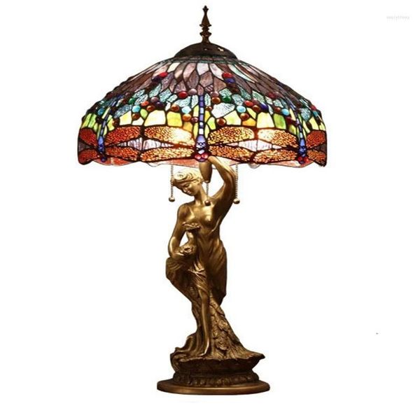 Lampes de table BOCHSBC Style Tiffany bureau libellule pierres précieuses vitrail abat-jour fille paon cadre Base lumière classique Art décor