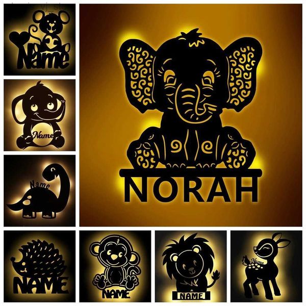 Lámparas de mesa Animal de dibujos animados LED Luz de bebé Nombre personalizado Elefante/Dinosaurio/León/Mono/Ciervo Luz de noche de madera para decoración del dormitorio del hogar YQ231129