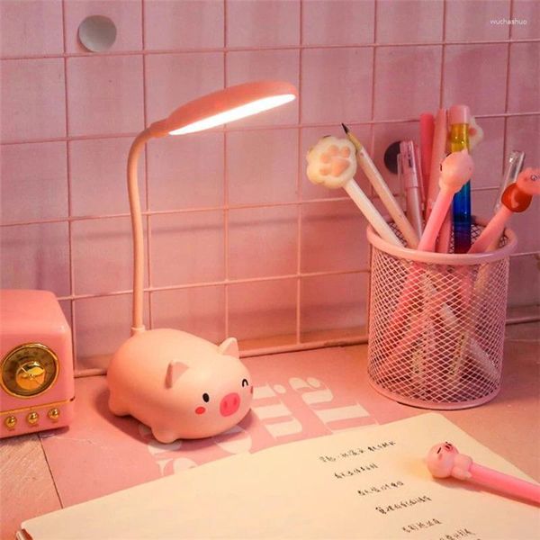 Lampes de table Dessin animé mignon animal de compagnie cochon USB Recharge batterie LED veilleuse Protection des yeux lampe de bureau chaude décor de chambre d'adolescent