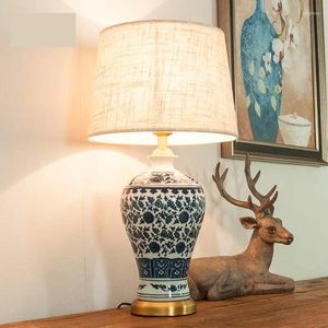 Lámparas de mesa Lámpara de cerámica Todo cobre moderno chino azul y blanco porcelana antigüedad