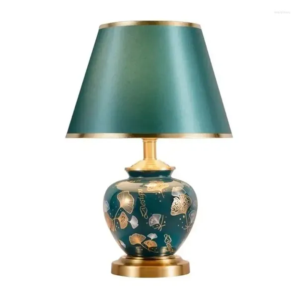 Lámparas de mesa Lámpara de cerámica Decoración de la habitación del dormitorio Hojas verdes pintadas Descripción de control remoto de la luz del esmalte vintage