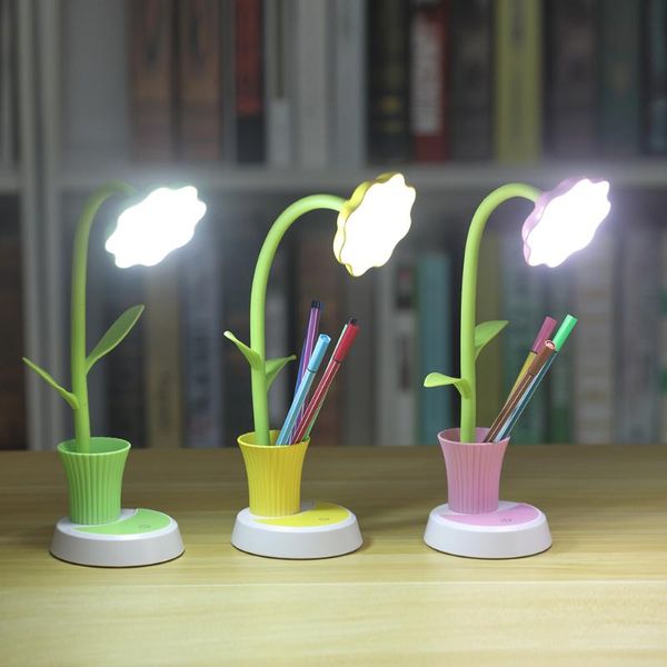 Lámparas de mesa Lámpara LED recargable 2 en 1 Escritorio de flores de sol con soporte para bolígrafos Lectura para niños Aprendizaje Protección ocular Mesa de luz nocturna