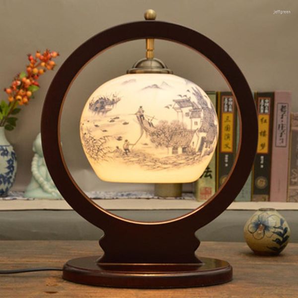 Lampes de table Chinois Antique Creative Céramique Lampe Chambre Chevet Américain Pastorale Fleur Peinture Bureau En Bois Massif