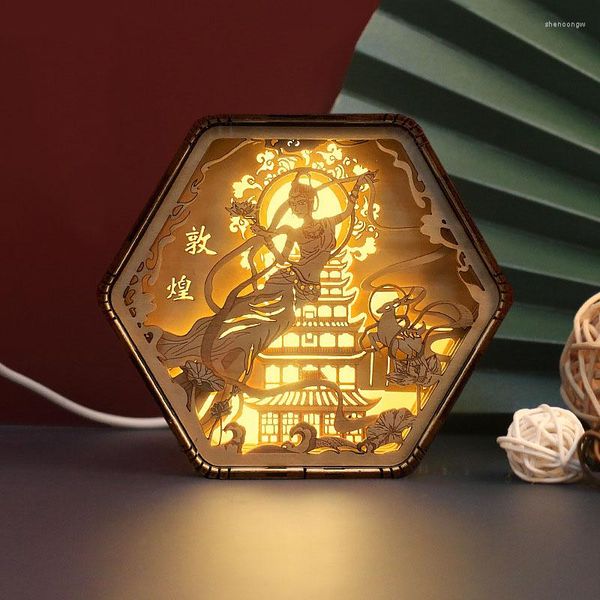 Lampes de table chinois lampe en bois sculpté chinois dunhuang grand drame mural drame usb en bois créatif artisanat
