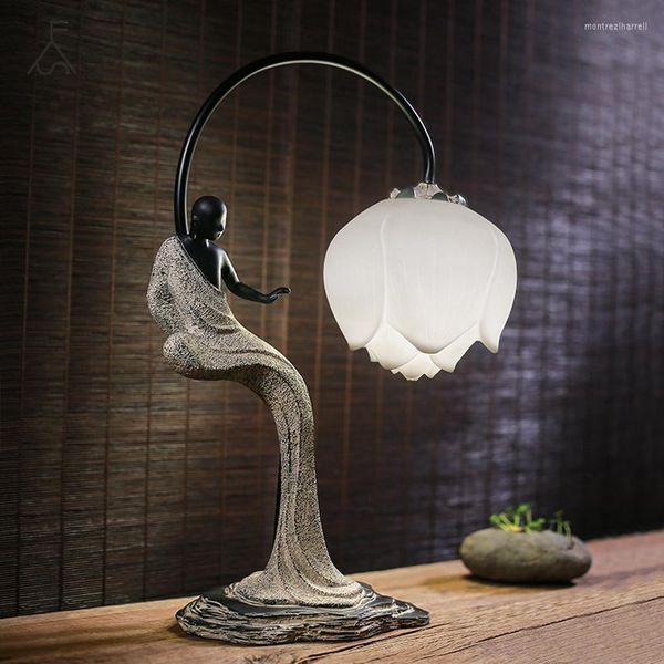 Lampes de table Style chinois Creative Rétro Lotus Lampe Salon Étude Chambre Décorative Chevet Zen Lumières Accueil Luminaire