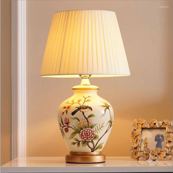 Lampes de table Style chinois Flowerbird Céramique Classique Tactile Dimme Tissu Abat-jour E27 Lampe LED Pour Chevetfoyerstudio MF031