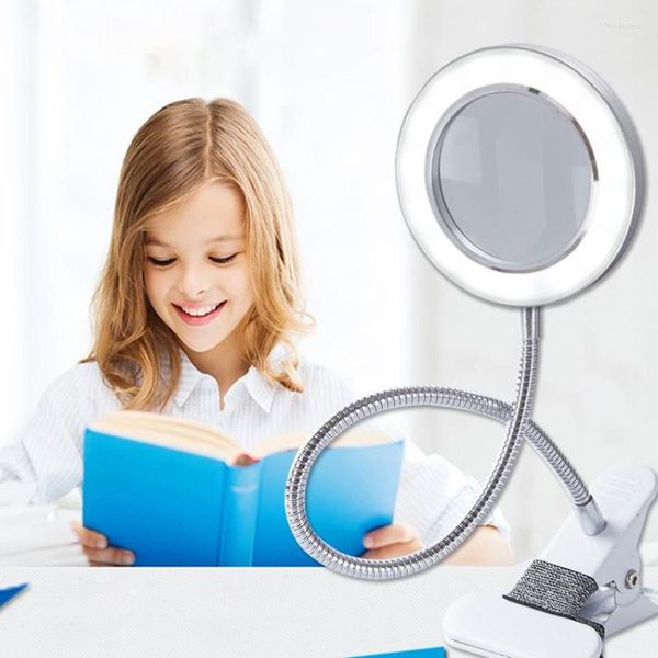 Lampes de table Clip Light Lecture LED USB Lampe de bureau avec loupe 8X Flexible col de cygne livre pince blanc froid