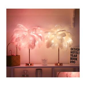 Lampes De Table Creative Plume Lampe Chaud Blanc Lumière Arbre Abat-Jour Fille Led Mariage Lumières Décoratives Rose Cadeau D'anniversaire Drop Deliver Dh8Xe