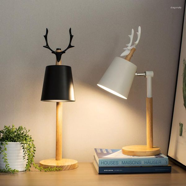 Lámparas de mesa, arte de madera nórdico creativo, lámpara de escritorio LED de hierro, protección ocular, lectura, sala de estar, dormitorio, decoración del hogar