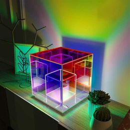 Tafellampen Decorazione cubo luce notturna rgb atmosfera corlorful acrilico cubo magico lampada da tavolo ristorante illuminazione264K