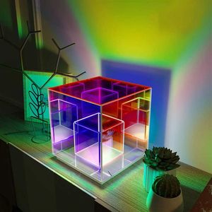 Tafellampen Decorazione cubo luce notturna rgb atmosfera corlorful acrilico cubo magico lampada da tavolo ristorante illuminazione301F