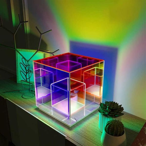 Lampes de Table Decorazione cubo luce notturna rgb atmosfera corlorful acrilico cubo magico lampada da tavolo ristorante illuminazione276J