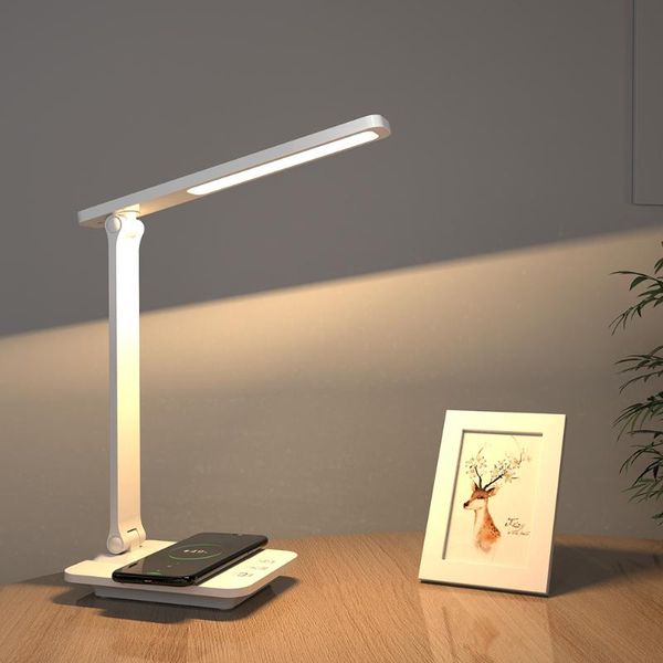 Lampes de table de bureau LED LED USB 15W QI CHARGE SELLE SÉPARAGE STEPÉLÉE DIMMable DIMMable Readable Eye Protect Study Office Office Night Viltable