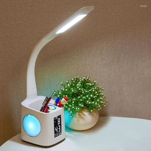 Lampes de table Lampe de bureau USB Charge Veilleuse Réveil Thermomètre Calendrier Gradateur à 3 niveaux avec porte-stylo FanTable