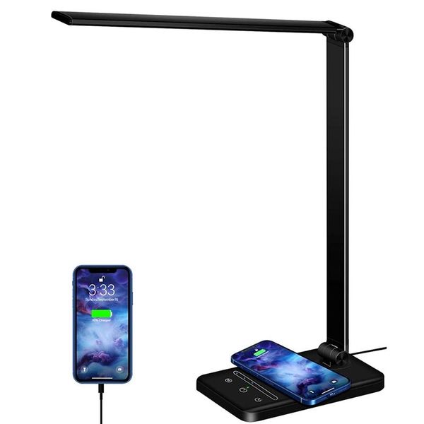 Lampes de table Lampe de bureau à intensité variable Lecture Luminosité Lumière des yeux 10W Chargeur sans fil rapide USB Chevet pour chambre à coucher Étude OfficeTable