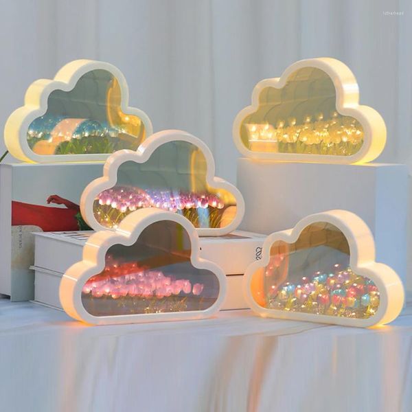 Lampes de table DIY Cloud Tulip Night Light Handmade LED Mirror lampe Home Bureau Decoration 2 in1 Tulips Flowers For Children Girl Cadeaux