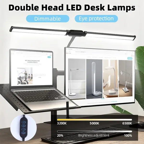 Lámparas de mesa Lámpara de escritorio de doble cabeza Soporte de luz de lectura LED Luces de monitor de pantalla ancha para estudio Oficina USB Regulable continuo 24W