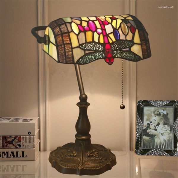 Lampes de table libellule créative Tiffany chambre lit lampe bureau lumière Vintage décor à la maison vitrail luminaire interrupteur à tirette