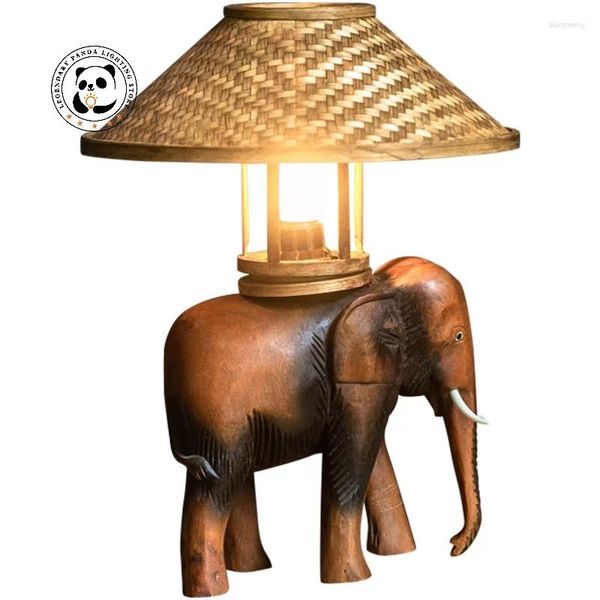 Lámparas de mesa lámpara de elefante retro asiático asiático madera tallado e27 lámpara de ratán