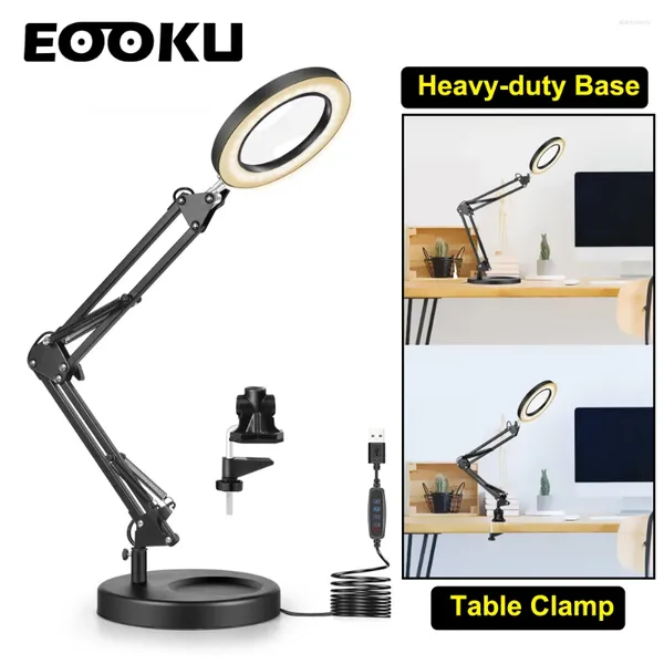 Lampes de table Eooku 2 en 1 lampe pliante USB avec loupe 5X 3 couleurs LED lumières 8W lampe de bureau pour lire/travail/beauté