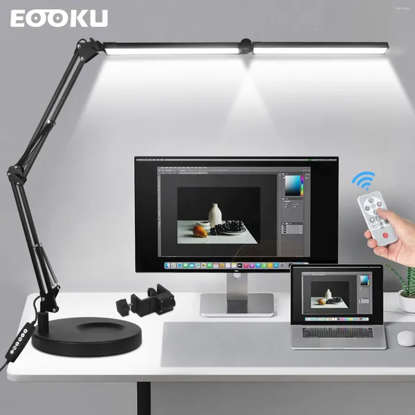 Lampes de table Eooku télécommande du bureau de bureau pliant des lumières de distribution de double tube avec pince pour le travail / lecture / ongle Lumière de beauté