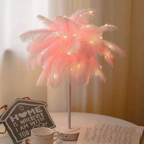 Lampes de table plume lampe avec télécommande Creative chevet veilleuse fille coeur arbre abat-jour chambre DecorTable LampsTable