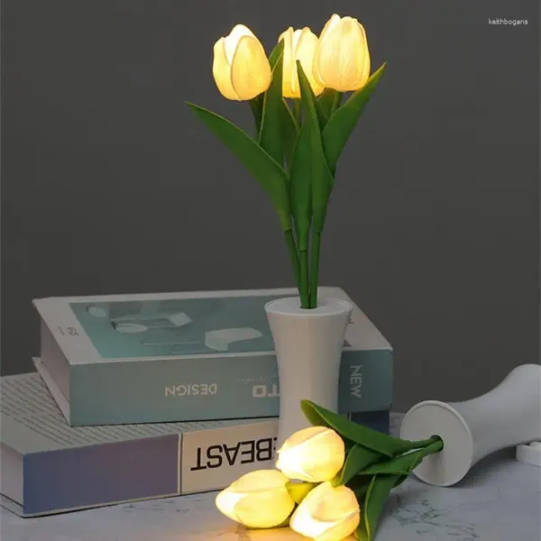 Lámparas de mesa, luz nocturna de flores, lámpara de tulipán, ambiente romántico, escritorio, decoración creativa de cabecera en maceta para dormitorio/Bar/restaurante