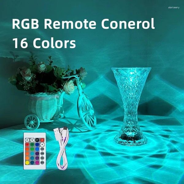 Lampes de table Lampe de projection de fleurs Lumière en cristal 16 couleurs RVB avec télécommande tactile USB rechargeable romantique