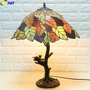 Tafellampen fumat tiffany stijl lamp gevallen bladeren bladeren vogels nestboom gebrandschilderd glazen bureau licht klassieke verlichting decoratie huiskunst