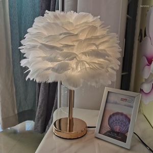 Lampes de table en métal doré plume abat-jour chevet salon mariage lecture décor avec prise blanc gris rose