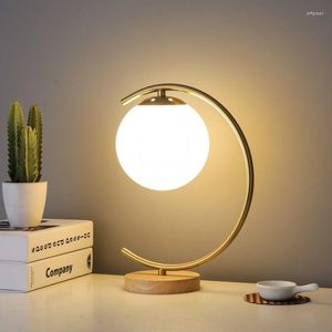 Lampes de table Lampe à boule de verre en demi-cercle doré pour salon chambre à coucher bureau dortoir bureau en bois lampe de lecture E27 placage