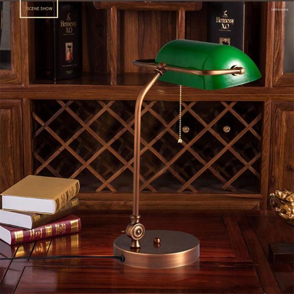 Lampes de table Lampe de banquier rétro industrielle Finition en cuivre Stand Nodric Green Glass Shade Parfait pour la bibliothèque universitaire Lire