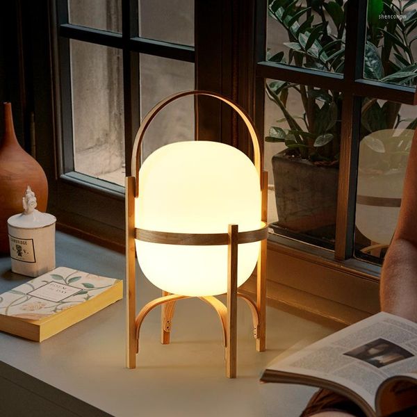 Lampes de table japonais LED bois naturel verre lampe chambre chevet debout lumière éclairage de table pour salon étude