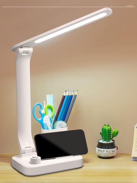 Lámparas de mesa, lámpara de protección para los ojos, luz LED regulable táctil, soporte para teléfono móvil, contenedor de bolígrafo, carga USB, escritorio multifunción