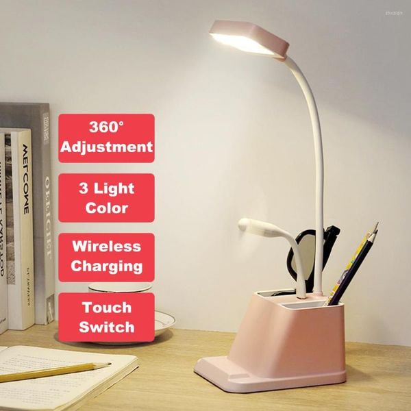 Lampes de table Lampe de bureau LED 3 niveaux de gradation tactile avec prise USB et fonction de charge sans fil Étudiant Étude Lumière Livre Lecture