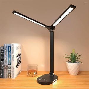 Lampes de table LED Lampe de bureau Double tête Eye-Caring Lampes pliables avec veilleuse Fonction de mémoire de contrôle tactile de charge USB pour la maison