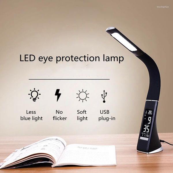 Lampes de table Lampe de bureau LED avec calendrier Réveil de température 3 modes d'éclairage Protection des yeux Lecture USB Plug-in Gradation Veilleuse