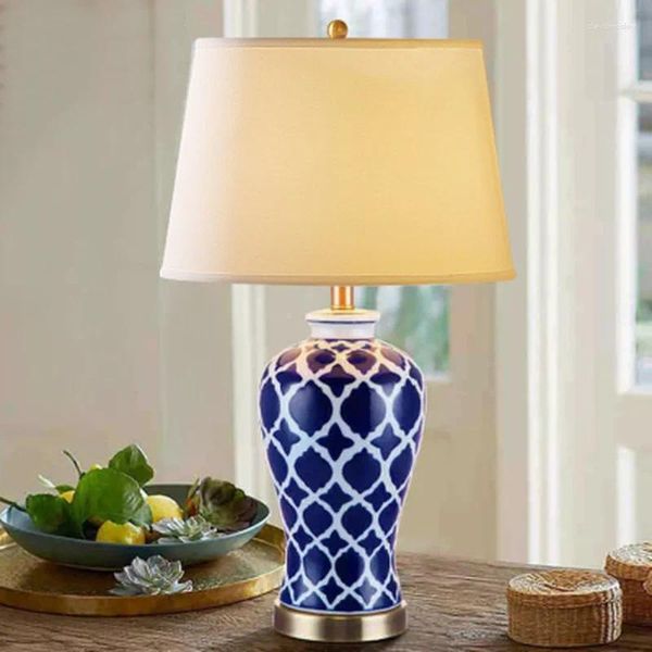 Lámparas de mesa Led E27, lámpara blanca azul de cerámica de tela de hierro chino, luz LED, lámpara de mesa, lámpara de escritorio para vestíbulo de dormitorio