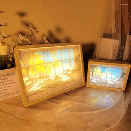 Lampes de table lumière LED peinture USB gradation mur œuvre lampe cadeau intérieur lumière du soleil fenêtre en bois Po nuit lumineuse 3 lumières de couleur