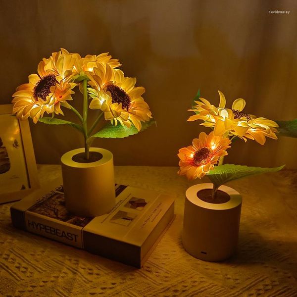 Lampes de table LED Veilleuse Simulation Fleur Lampe Chambre Décor Tournesol Rose En Pot Art Décoration Rechargeable Cadeaux Créatifs