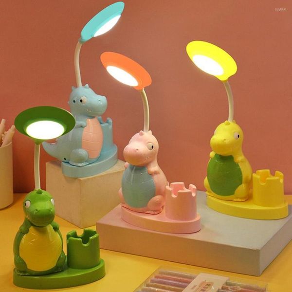 Lámparas de mesa LED luz de noche lámpara única que funciona con batería dinosaurio de dibujos animados con portalápices regalo accesorios de dormitorio