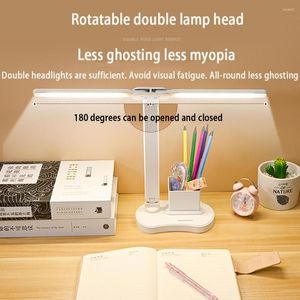 Tafellampen LED Kantoor/Reading Desk Lamp Dubbele kop Touch Dimable Foldable USB oplaad leeslicht Licht zachte oogbescherming leren